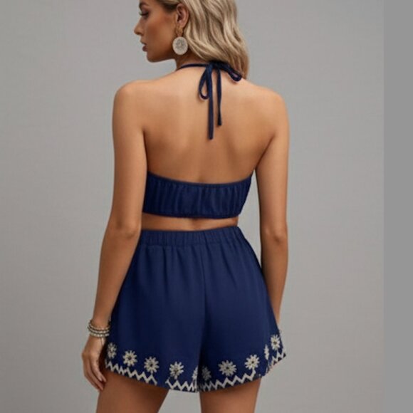 Floral Embroidery Crop Tank Top And Loose Shorts Set Blue - Picture 2 of 6